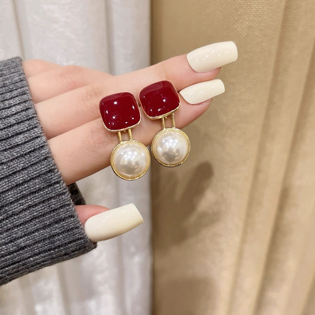 Anting Wanita Elegan Korea Mutiara Merah – Anting Pesta Mewah Premium