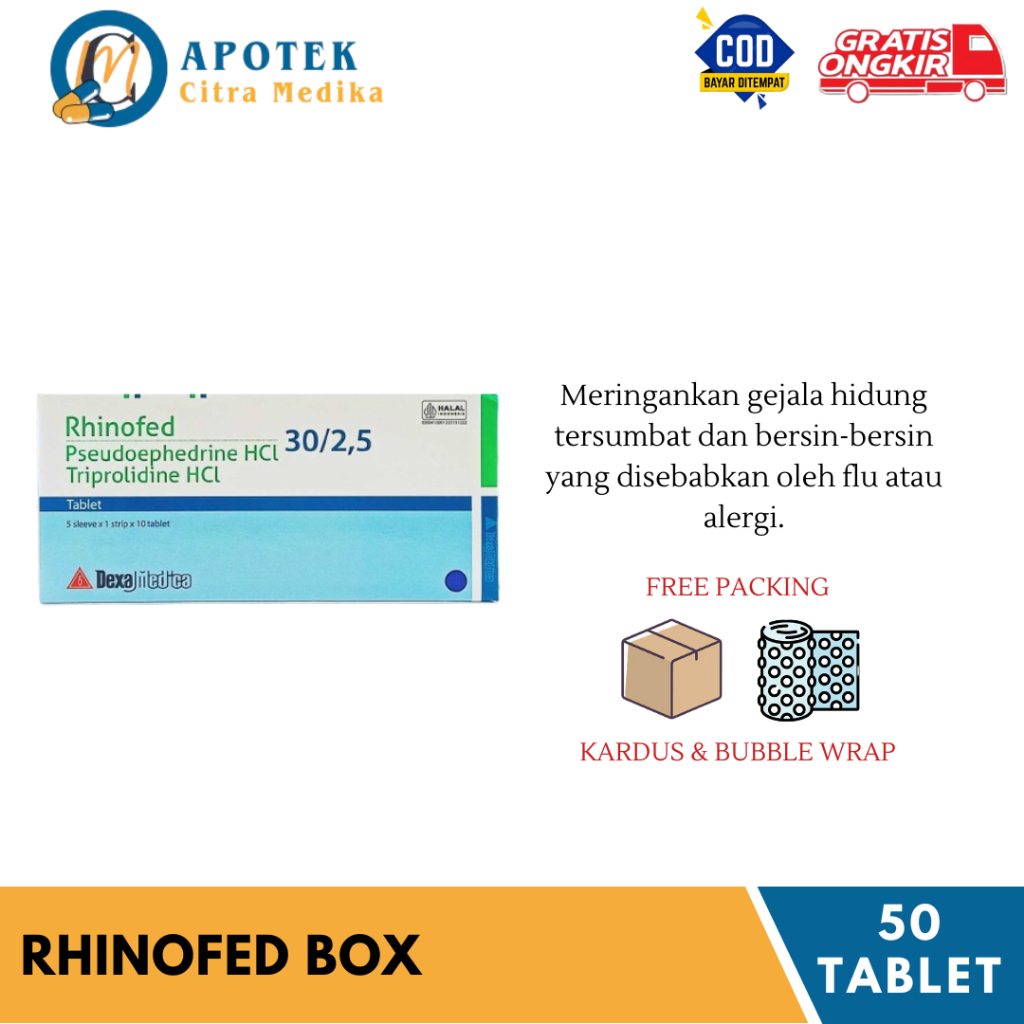 RHINOFED (1 KOTAK ISI 50 TABLET) - MERINGANKAN HIDUNG TERSUMBAT, BERSIN-BERSIN, FLU DAN ALERGI