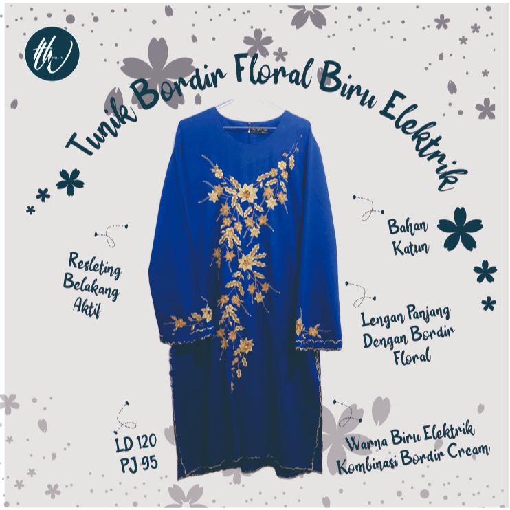 Tunik Bordir Floral Biru Elektrik | Preloved Atasan Wanita Bordir-Tunik Syar'i Jumbo