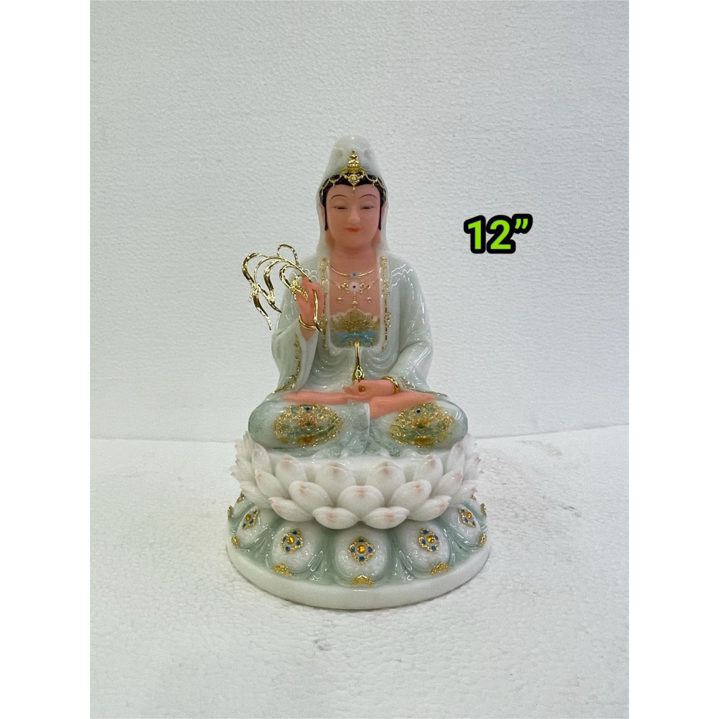 patung Dewi kwan im / guan yin duduk teratai manik marmer hijau 12in Qing
