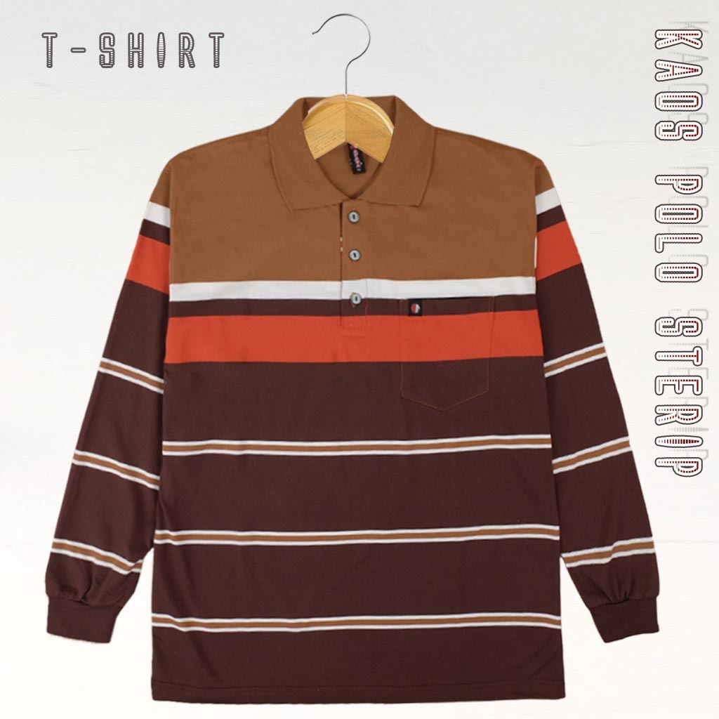 Ds - Kaos Kerah Pria Motif Salur Saku Dewasa Lengan Panjang | Kaos Distro Stripe Kerah Polo