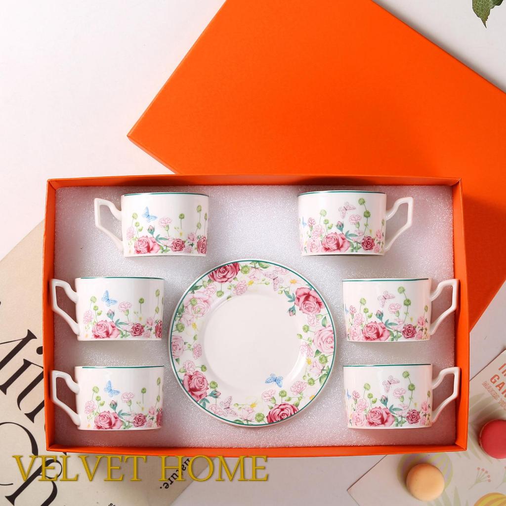Hampers tea set gelas cangkir teacup cup bunga pink putih gold merah muda flower rose holland isi 4 