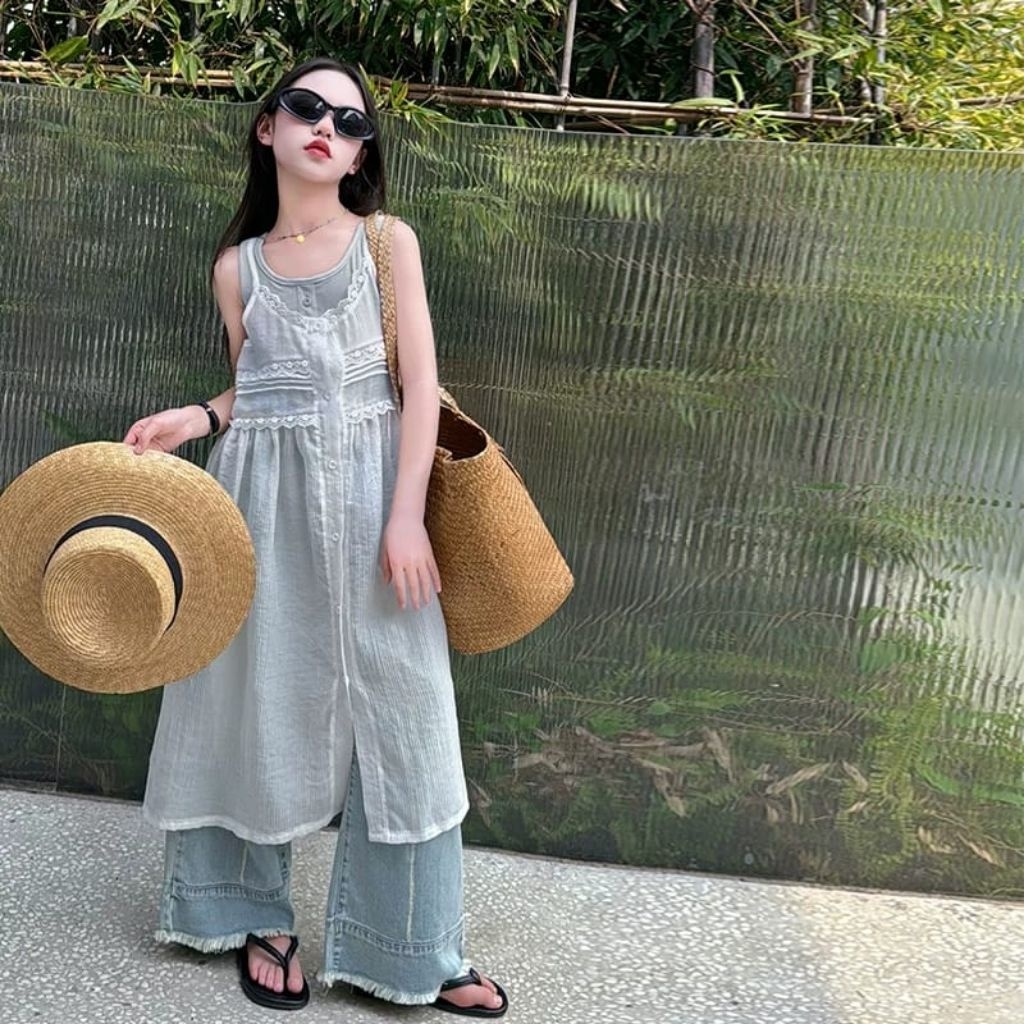 NV-037 SETELAN BAJU PENDEK 3IN1 ANAK PEREMPUAN IMPORT USIA 6-13 TAHUN SETELAN DRESS GAUN KUTUNG MODE