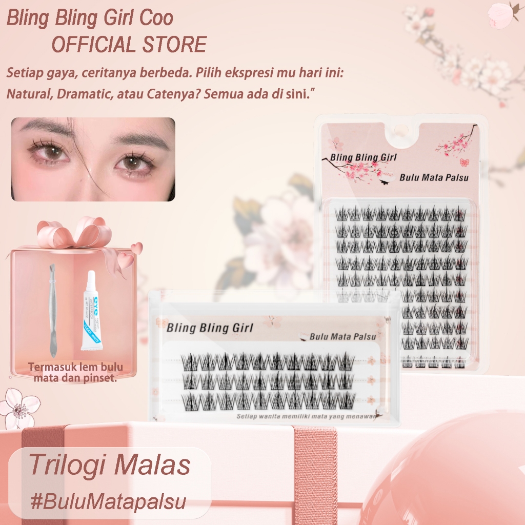 Bling Bling Girl Trilogi Malas Bulu mata palsu Natural Mink 3 Baris Termasuk lem dan pinset