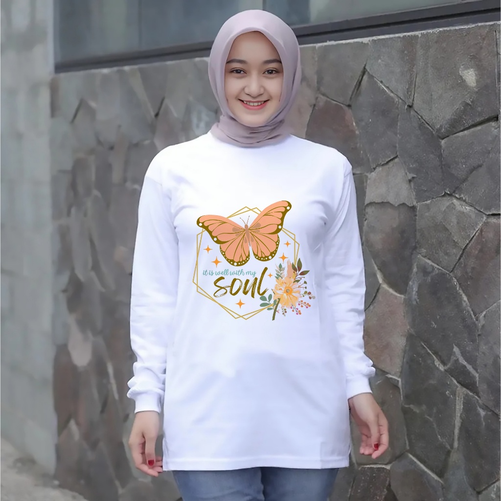 Kaos Atasan Wanita / Kaos Wanita hijab lengan panjang style muslimah zolaqu  putih soul kupu kupu