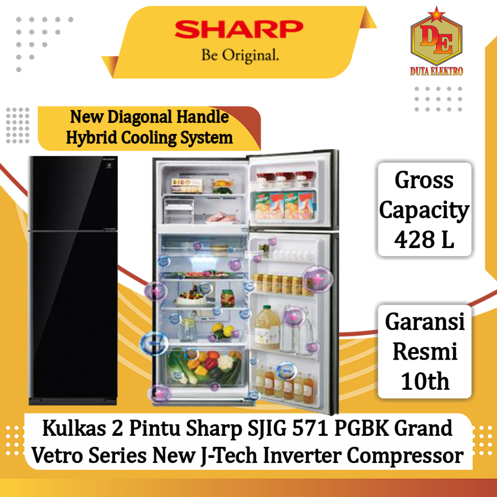 Kulkas 2 Pintu Sharp SJIG 571 PGBK Grand Vetro Series New J-Tech Inverter Compressor