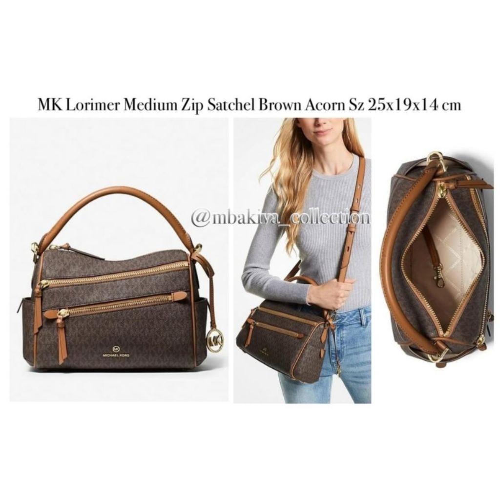 MK Lorimer Medium Zip Satchel Brown Acorn