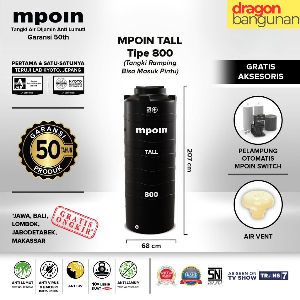 Tangki Air Mpoin Tall 800 Hitam - Toren Air Mpoin Tall 800 Liter