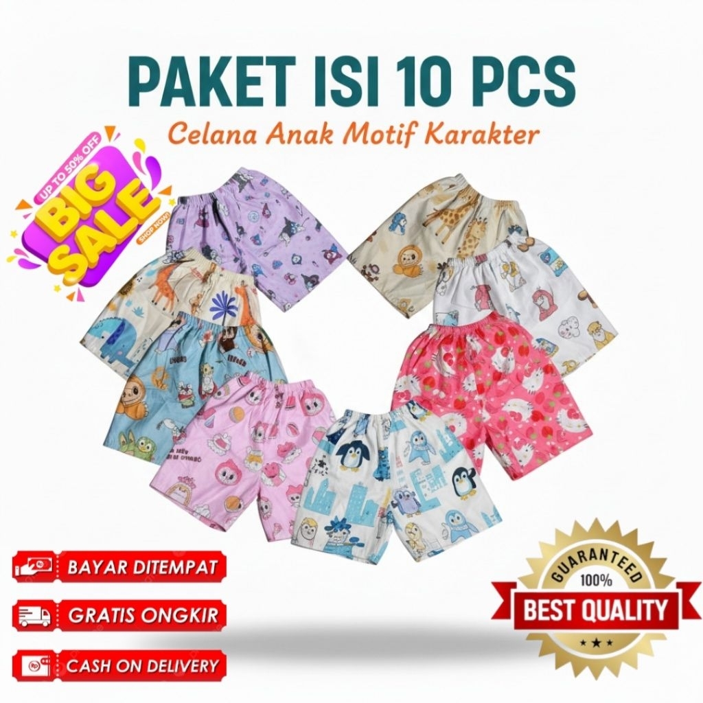 Paket isi 10 Pcs Celana Kolor Anak Perempuan Motif Kartun Usia 1-10 Tahun Celana Pendek Anak Perempu