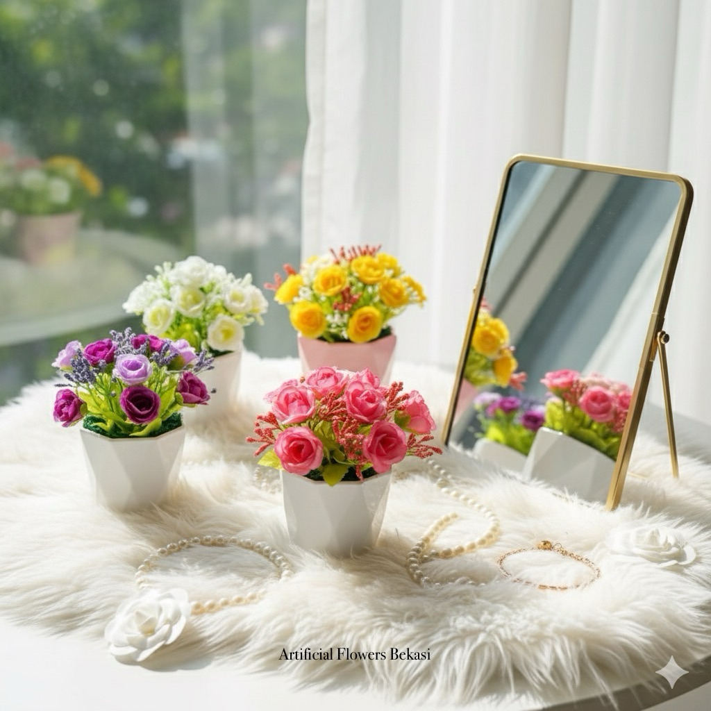 BUNGA MAWAR IMPORT + VAS MELAMIN DIAMOND bunga mini rose artificial pot bulat bunga mini