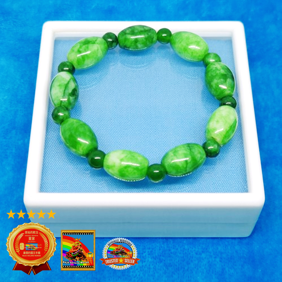 Gelang  Giok Burma Asli Oval Bersekat Hijau