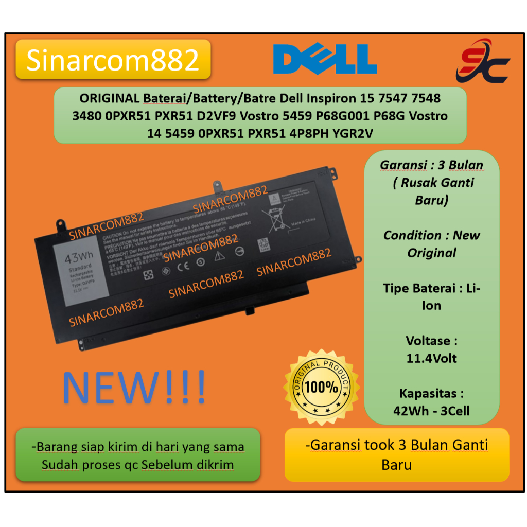 ORIGINAL Baterai/Battery/Batre Dell Inspiron 15 7547 7548 3480 0PXR51 PXR51 D2VF9 Vostro 5459 P68G00
