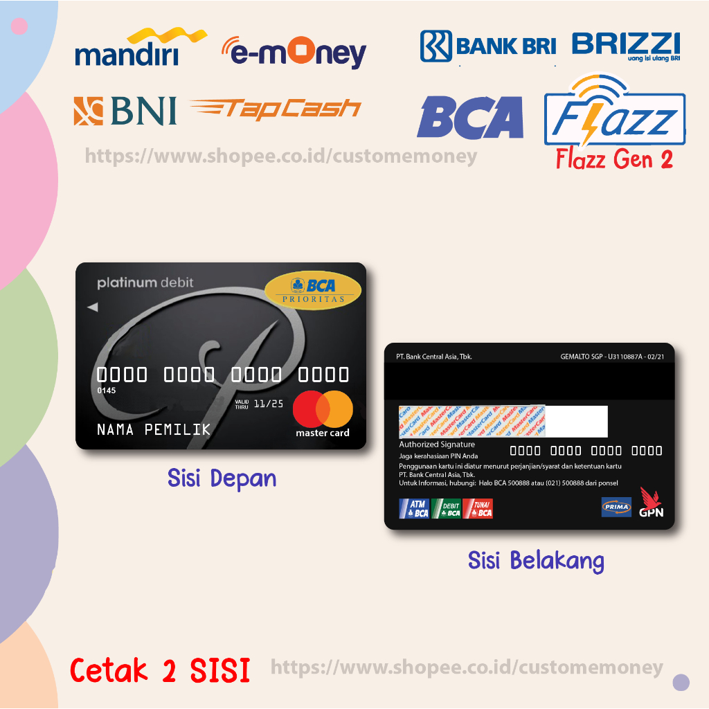 KARTU EMONEY DESIGN BLACK PRIORITAS ETOLL E-MONEY MANDIRI FLAZZ GEN 2 TAPCASH BRIZZI - 2 SISI