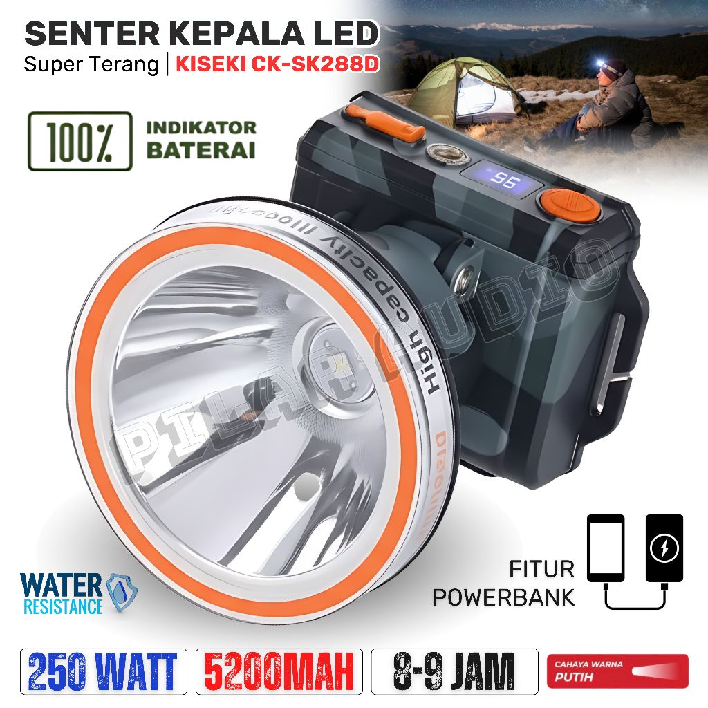 Senter Kepala 250W Kiseki CK-SK288D Fitur Powerbank | Headlamp Led Outdoor Camping Cahaya Putih Supe