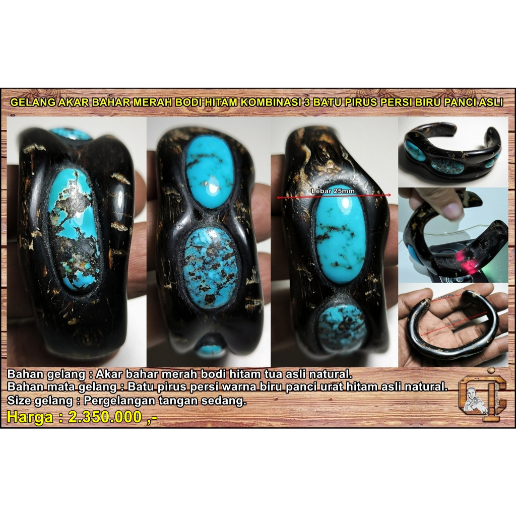 Gelang akar bahar merah bodi hitam kombinasi 3 batu pirus persi biru panci asli alami.