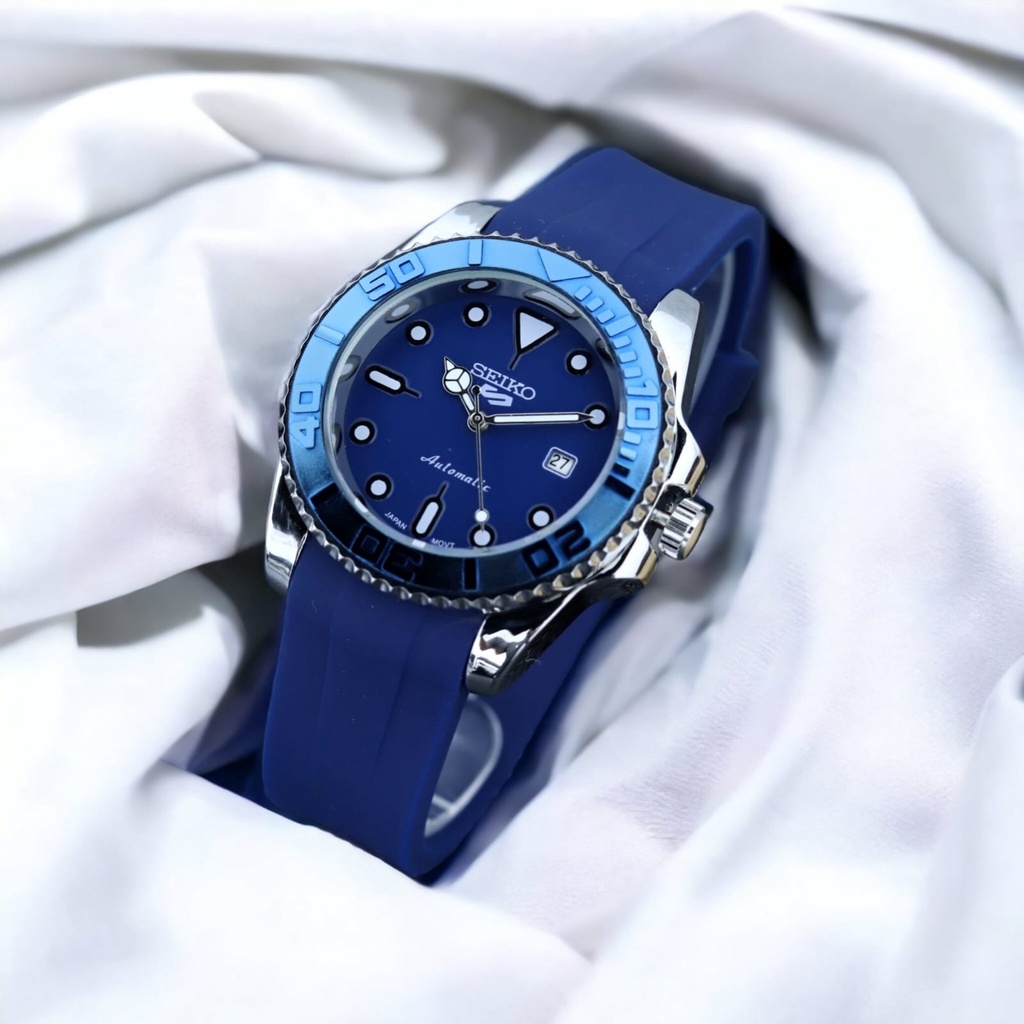 Jam Tangan Pria Seiko Movt-GW Strap Rubber Ring/Bezel Bisa Putar Body Bulat Tanggal Aktif