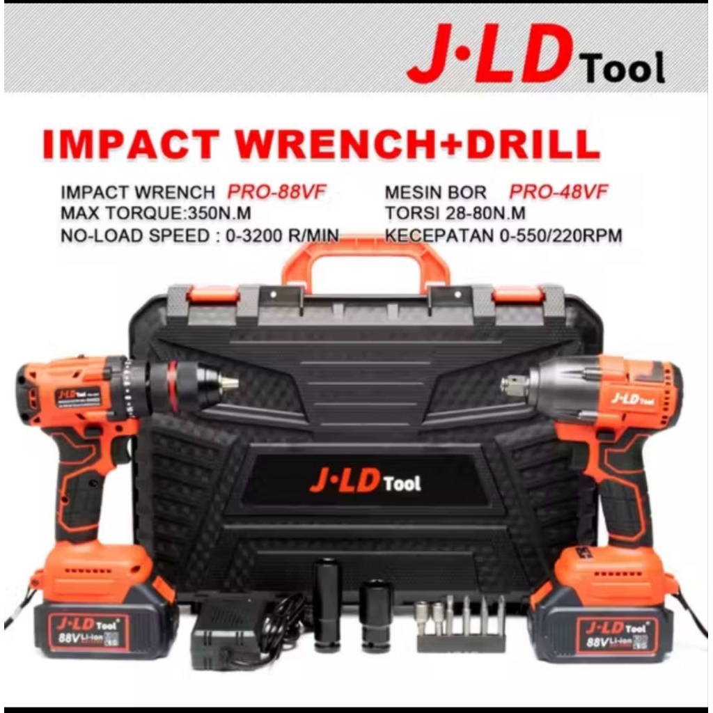 COD JLD Cordless 13mm Mesin bor + Impact WrenchBrushless 88vf Baterai Bor Cas 2 Baterai Jld Set
