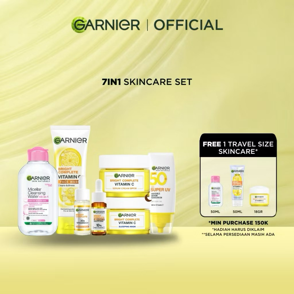 [PAKET HEMAT 7 PCS] GARNIER Paket Skincare 1 set lengkap Complete Kit Vitamin C Serum 30 ml + Overni