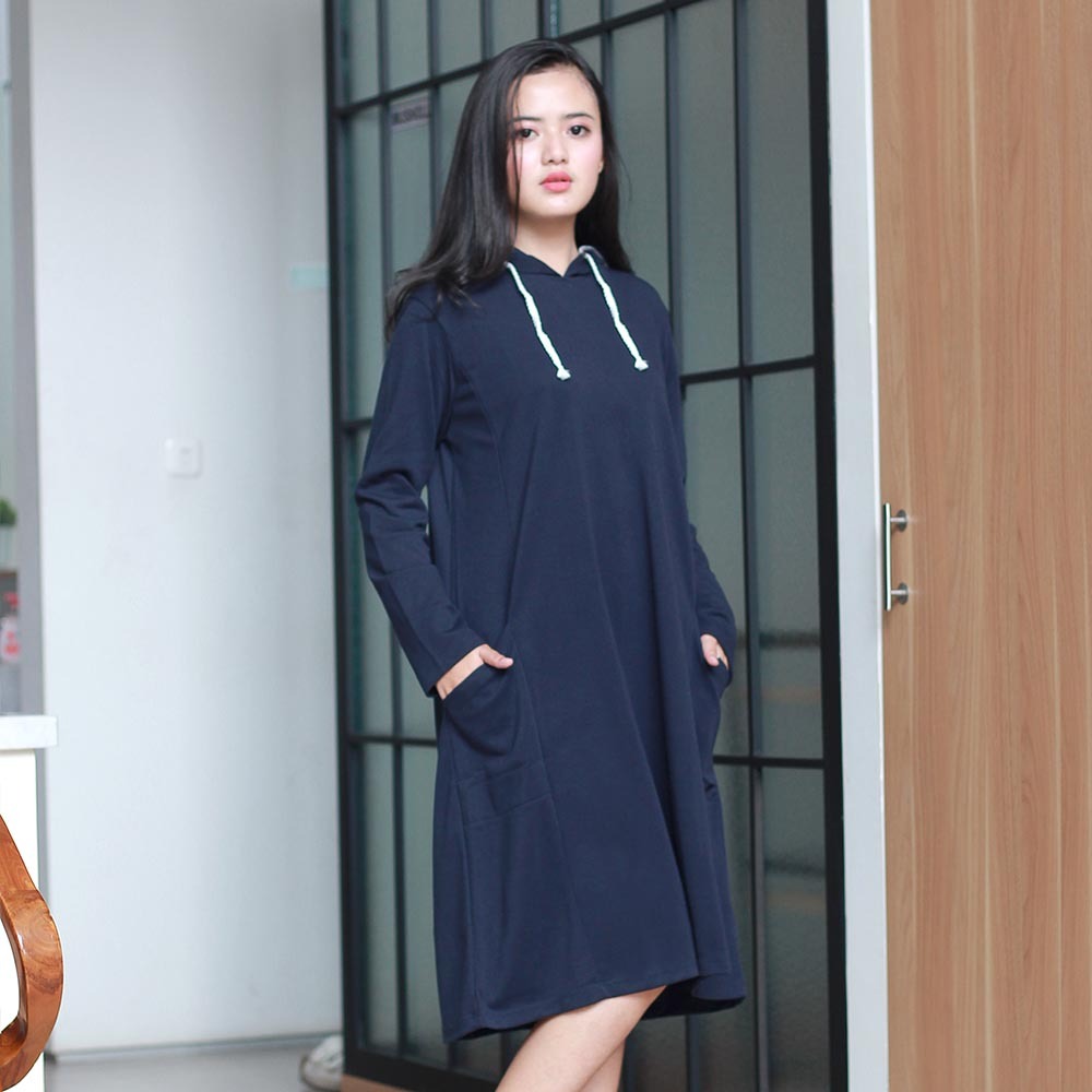 Dress Hoodie Wanita, Dress Midi Lengan Panjang Blackkelly WP2