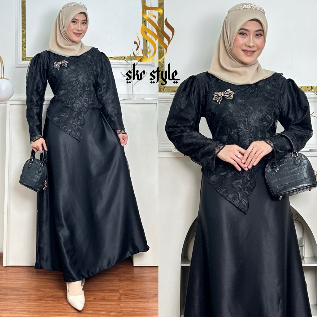Kayla dress Gamis Mahogany Dress Tile Puring Mix Brukat Kombinasi Payet Mutiara Baju Gamis Brokat Wa
