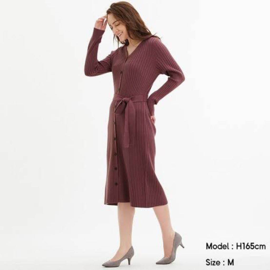GU Uniqlo Favorite Purple Ribbed Front Button Knit Dress Long Sleeve Rajut Kutub Cardigan