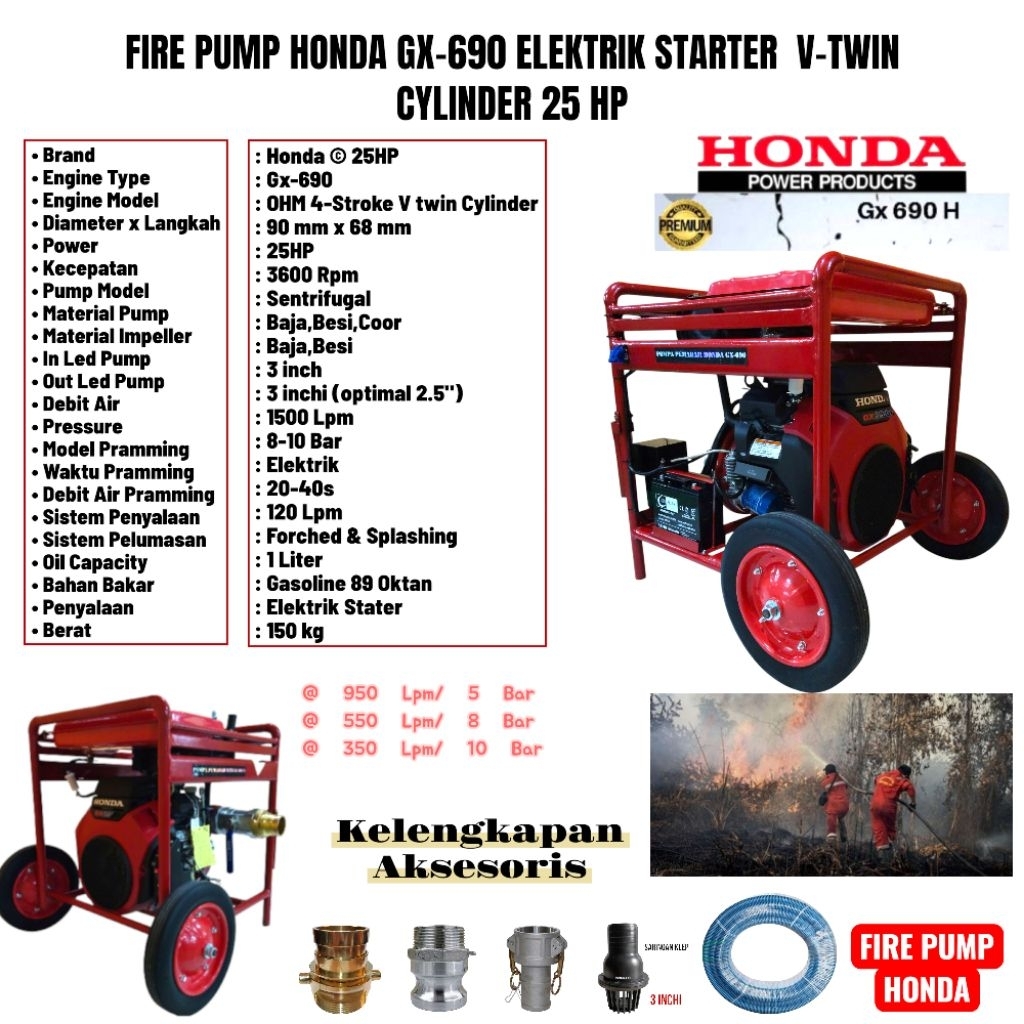 POMPA PEMADAM HONDA GX-690 MESIN 25 HP ELEKTRIK STARTER BENSIN MURNI