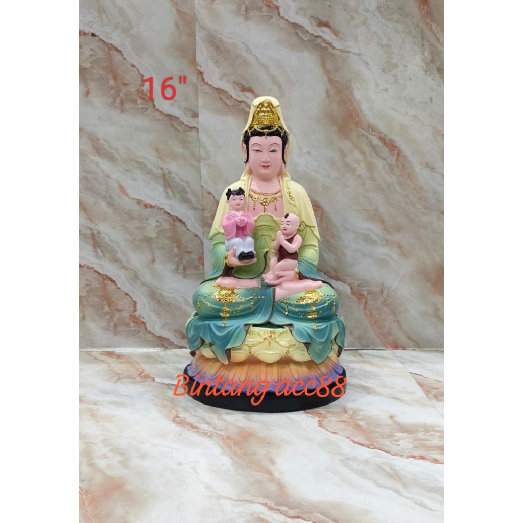 patung dewi kwan im/ kwan in / Guan yin - hijau - 2anak - fiber - 16inch