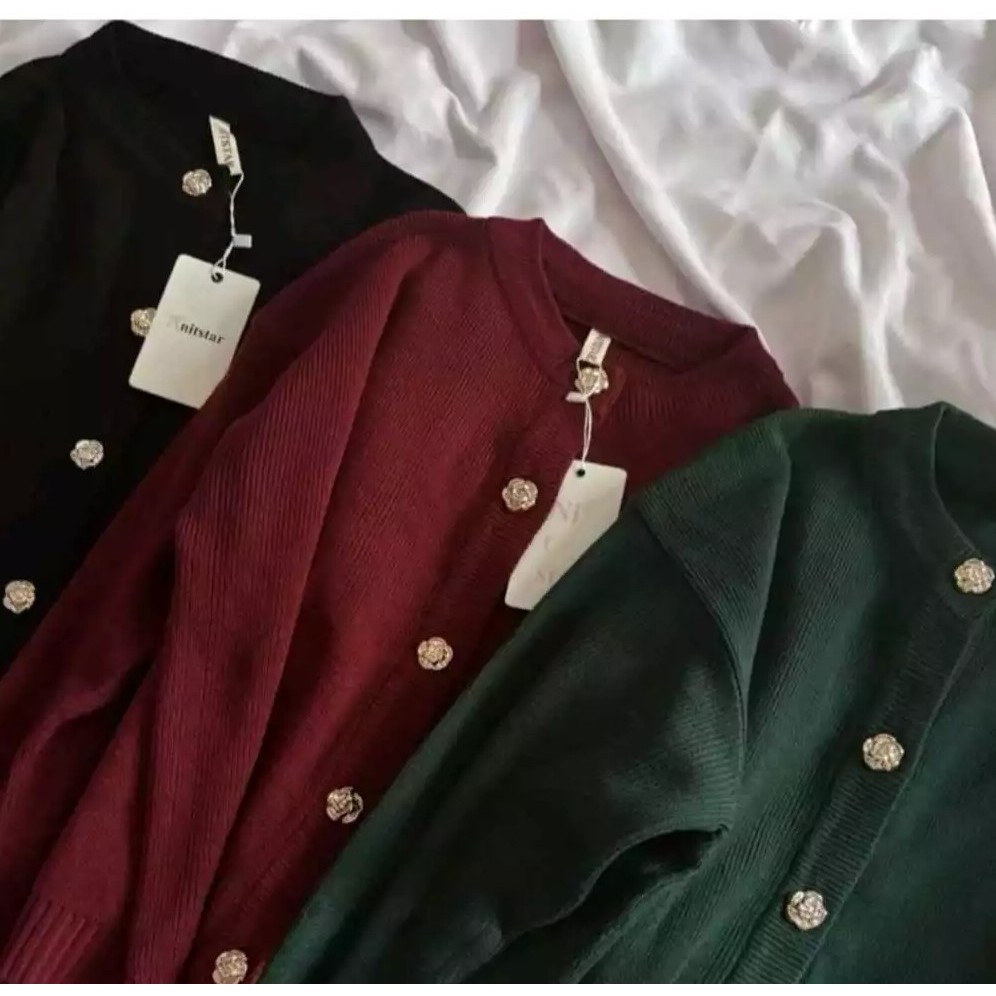 Cardigan Rajut Wanita Import Korea Kancing Bunga Mewah Tebal Casual Oversize Sweater Rajut Premium