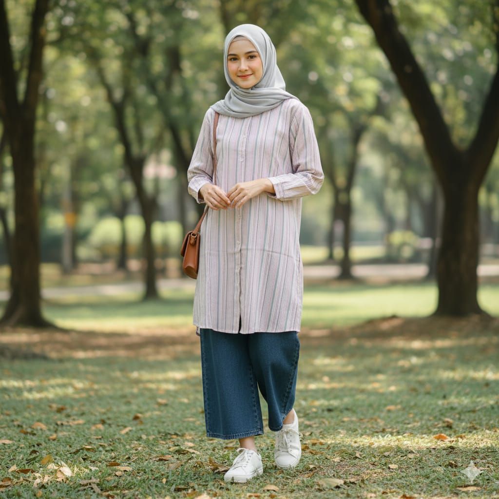 Olivia Setelan Tunik Wanita Motif Salur One Set Tunik Dan Kulot Jeans Panjang Terbaru