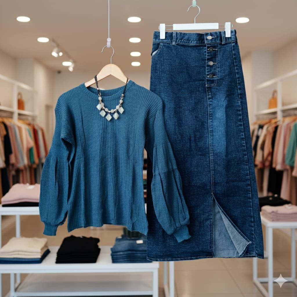 Setelan Wanita Atasan Rajut Balon Kekinian Dan Rok Jeans Span Panjang Terlaris