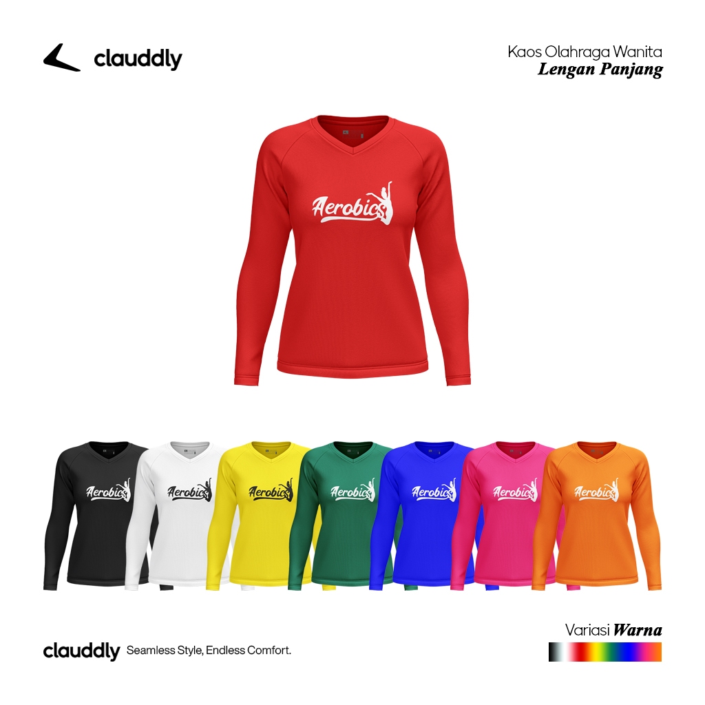 Clauddly Baju Olahraga Wanita Warna Merah Panjang Kaos Aerobics Running Senam Lari Big Size Jumbo