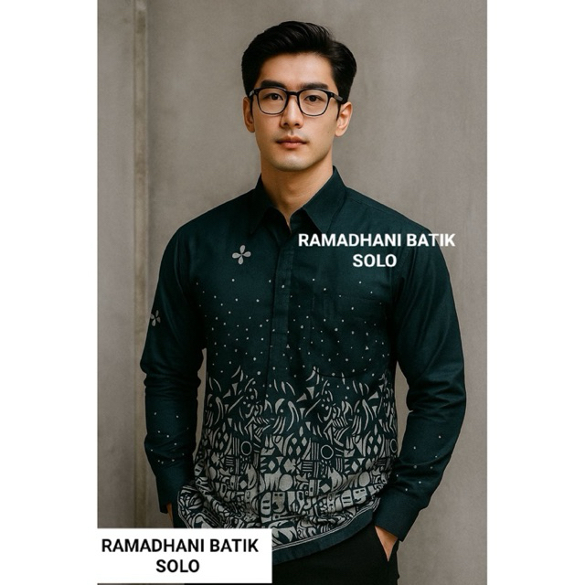 abstrak hijau emerald kemeja batik pria lengan panjang slimfit lapis furing