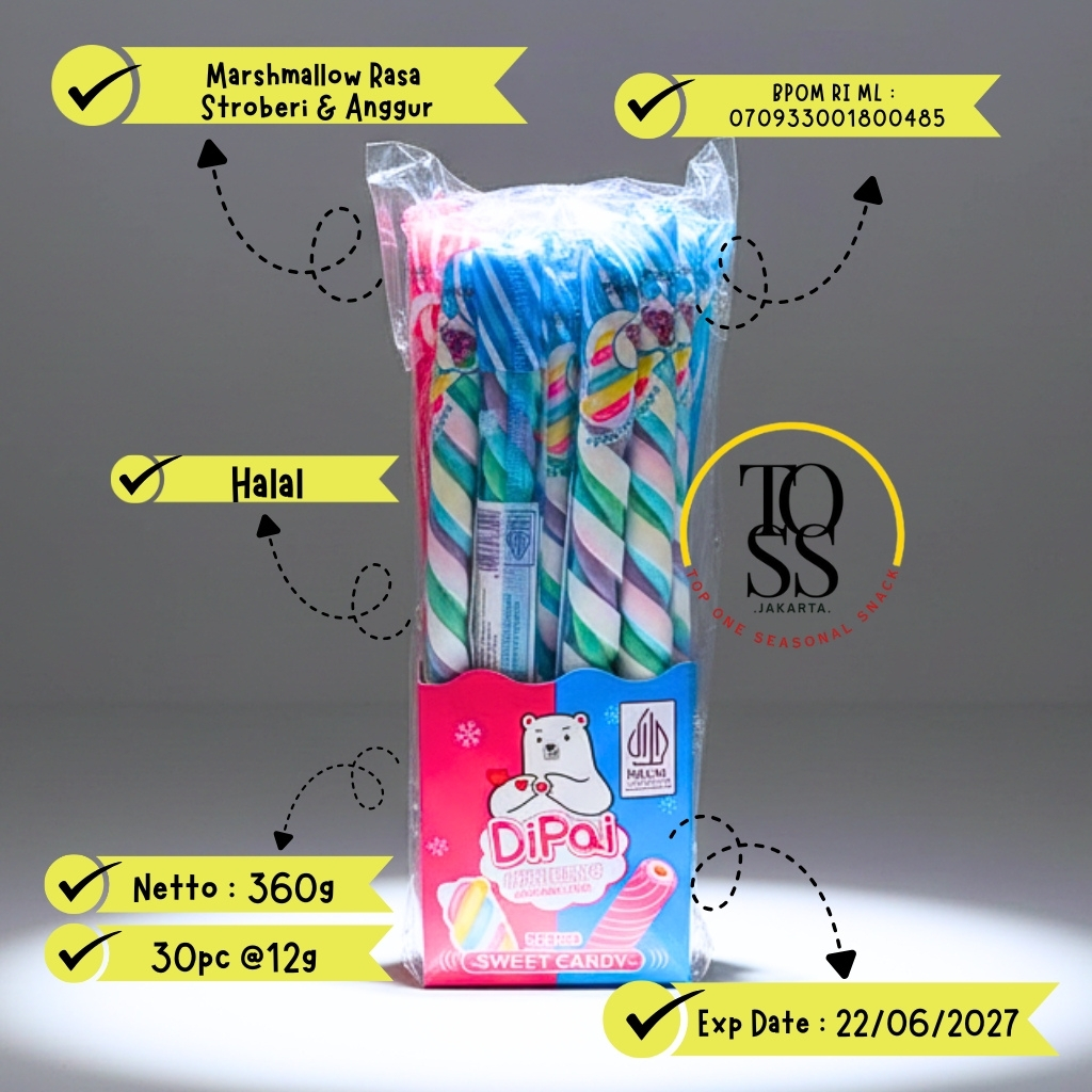 Dipai Marshmallow Kepang Aneka Rasa Isi 30 - Marshmallow  Panjang Ulir
