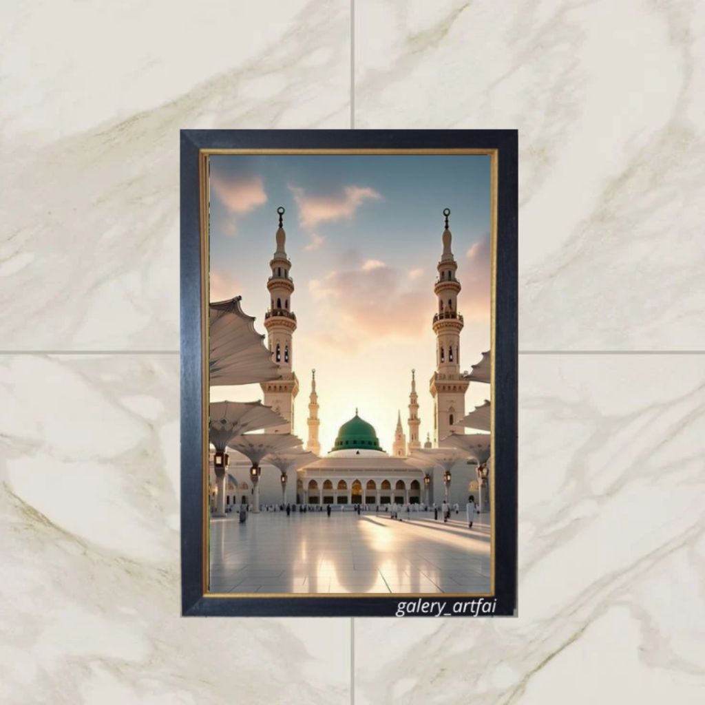 Hiasan dinding cetak gambar pluz bingkai masjid nabawi ukuran 35*52