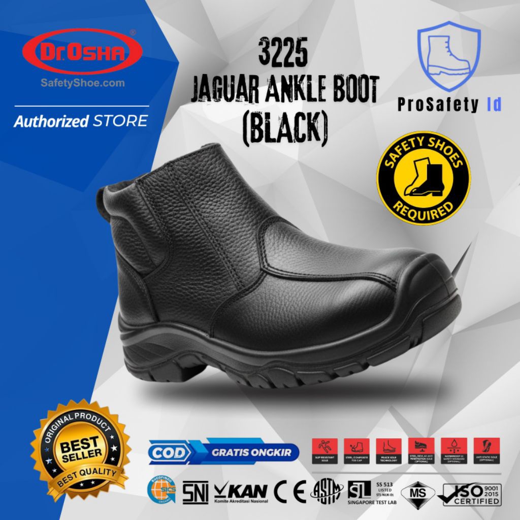 Sepatu Safety Dr OSHA Jaguar 3225 Safety Shoes Ankle Boot with Zipper - Black