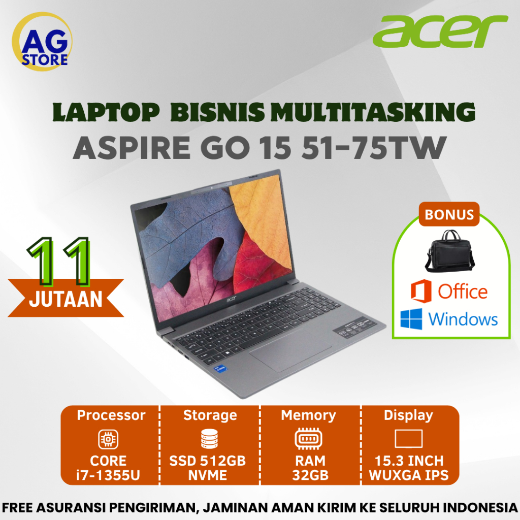 Laptop Acer Aspire Go 15 AG15 - 75TW Core i7 - 1355U Ram 32Gb Ddr5 Ssd 512Gb 15,3" IPS