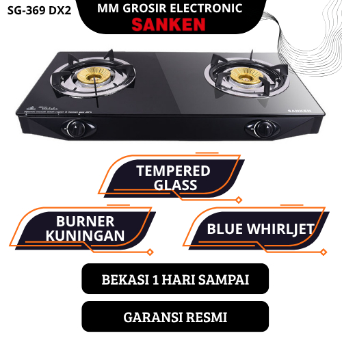 SANKEN KOMPOR GAS 2 TUNGKU SG-369 DX2 SG369DX2 SG 369 GLASS TOP KUNINGAN GARANSI RESMI BEKASI