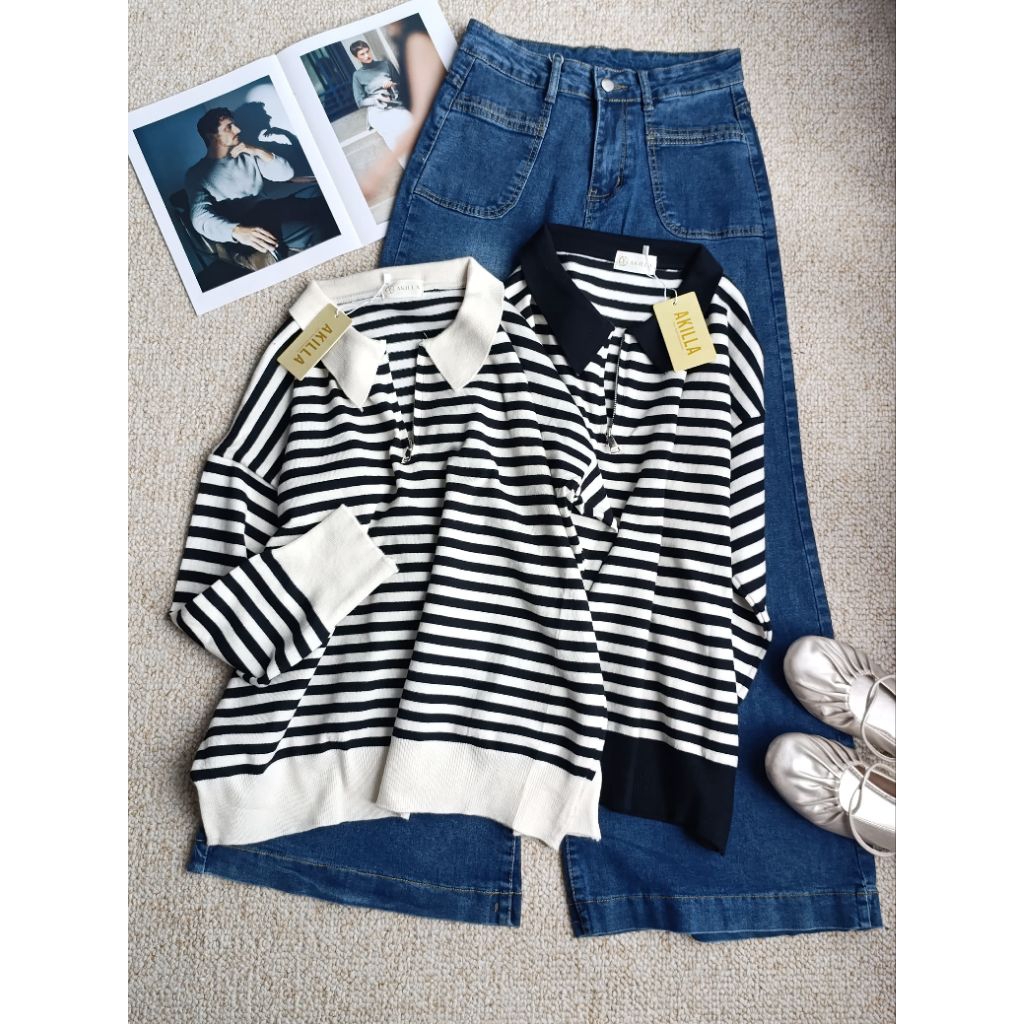 Gestara Sweater Knit Sweater Stripe Wanita Sweater Zipper Import Atasan Stripe Korea Casual Kekinian