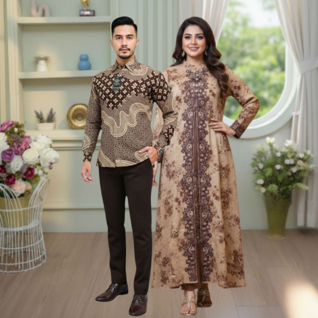 Couple Gamis Cardigan Premium  -  Couple Gamis Pesta Wanita Modern + Kemeja Batik Premium