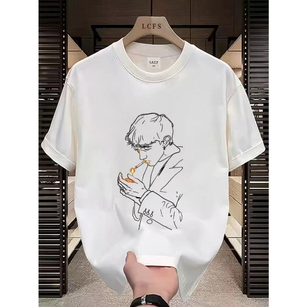 COD Kaos Distro Pria Motif Sketsa Pria dengan Api Kontras Berwarna Putih