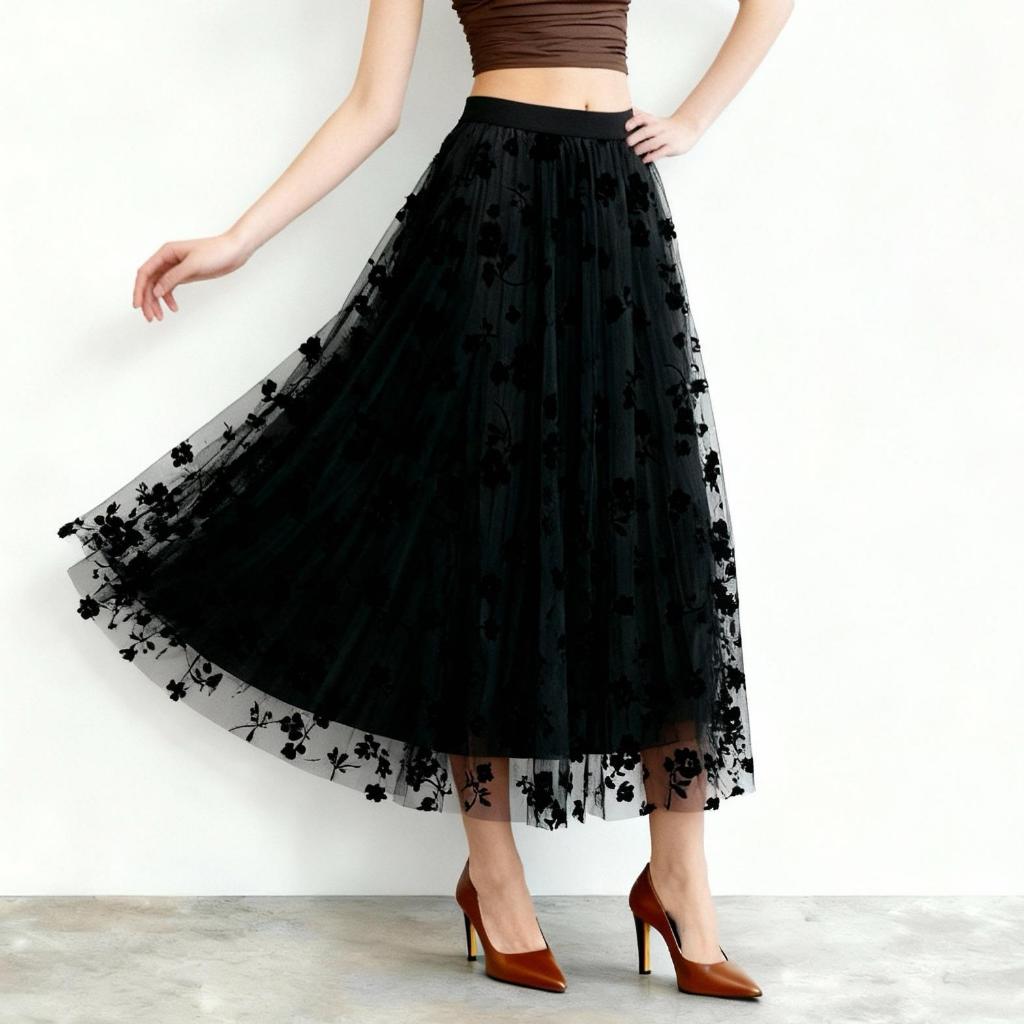 Rok Tutu Midi Wanita Hitam Motif Bunga 4450 – MEIN