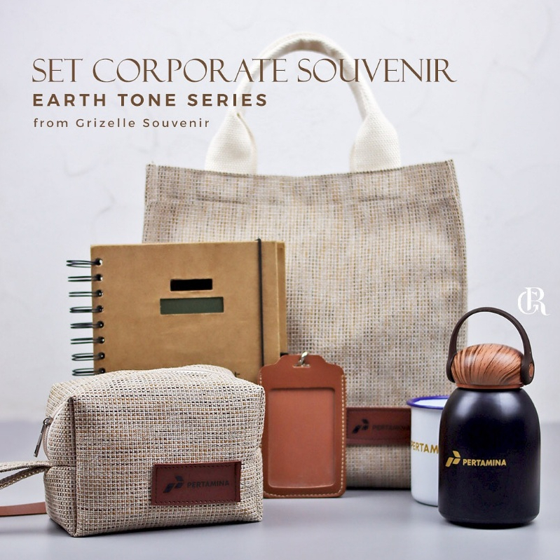 SET SOUVENIR KORPORAT PREMIUM 6IN1 EARTH TONE CUSTOM LOGO TOTEBAG TAS GONI AWET VINTAGE ROUNDPREMIUM