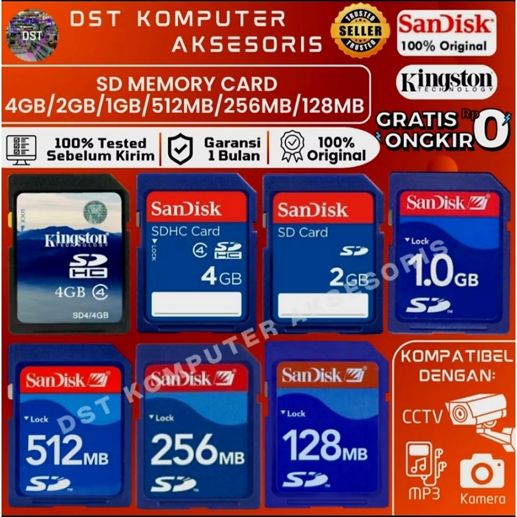 Kartu Memori SD Card SanDisk 128MB 256MB 512MB 1GB 2GB 4GB & Kingston 4GB Kamera Jadul HP, Handycam