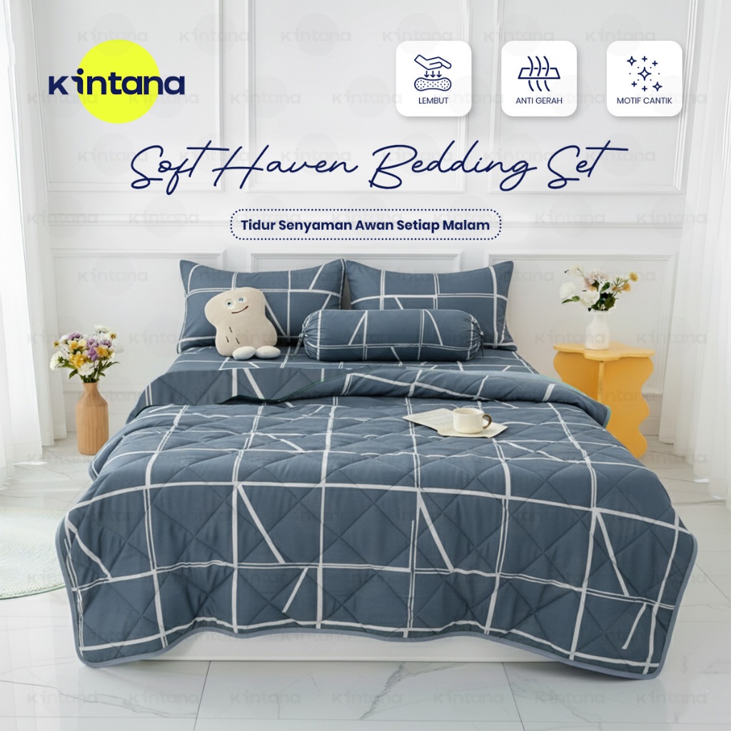 Kintana Set Sprei + Bedcover Microtex Premium Motif Garis Geometri Lembut & Nyaman Size 120/160/180