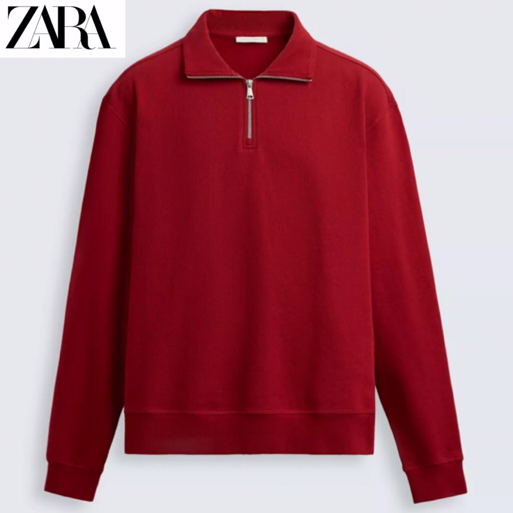 ZARA Men Sweatshirt Quarter Zip Sweater Pria Red