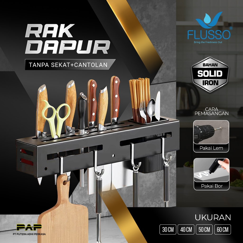 FLUSSO Rak Dapur Tempat Bumbu Sendok Pisau Gantung Dinding Minimalis | Tempat Bumbu Gantung Dapur