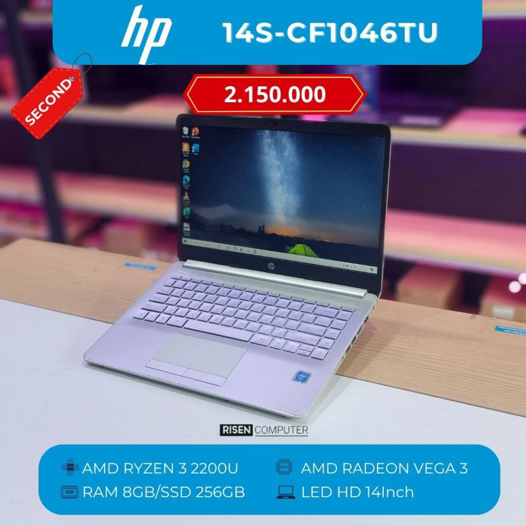 HP 14S-CF1046TU HD 14inch AMD RYZEN 3 2200U RAM 8GB SSD 256GB Notebook Second Bekas