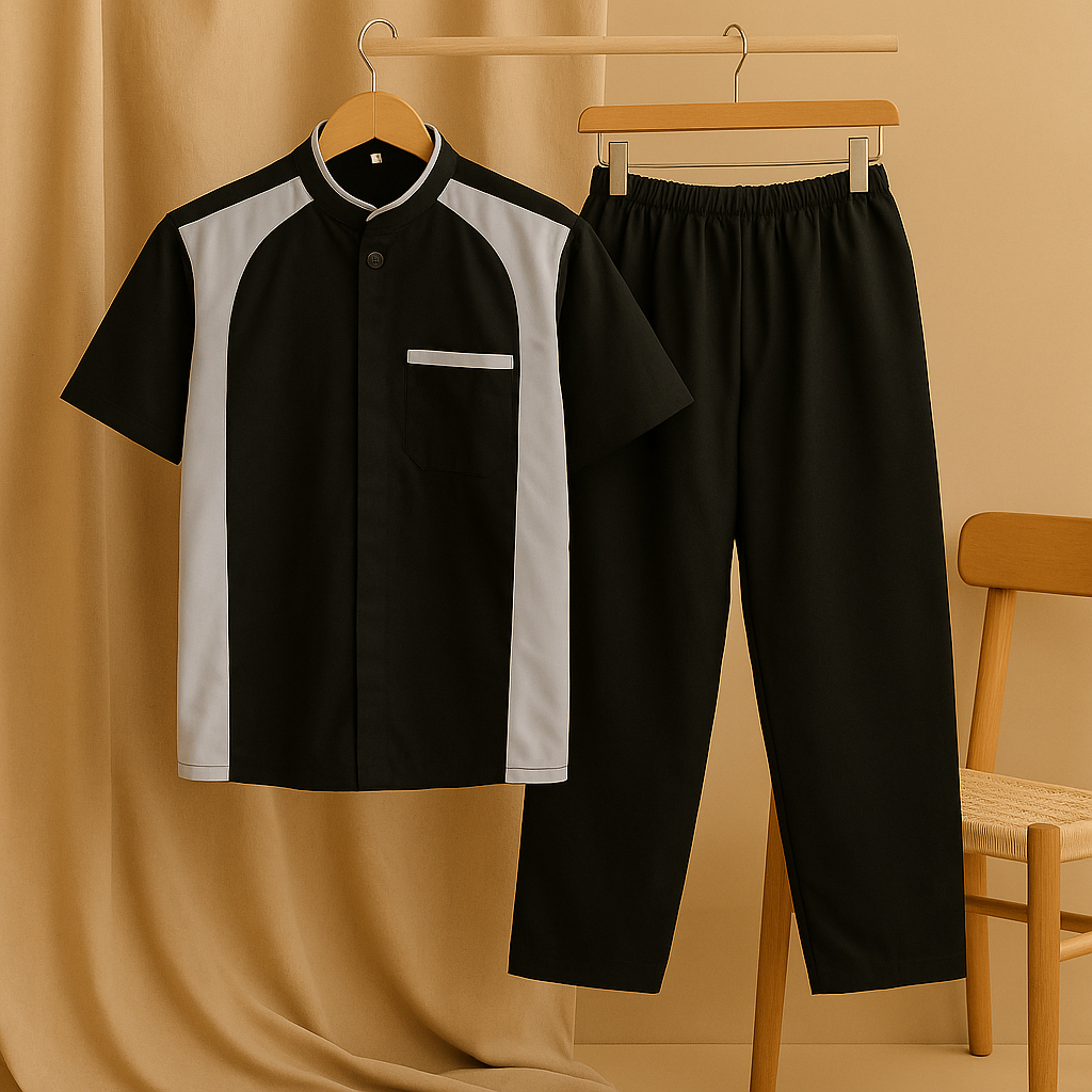 Baju Koko Anak Laki Kombinasi Warna Hitam Putih Setelan Muslim Modis untuk Ngaji & Lebaran Kurta