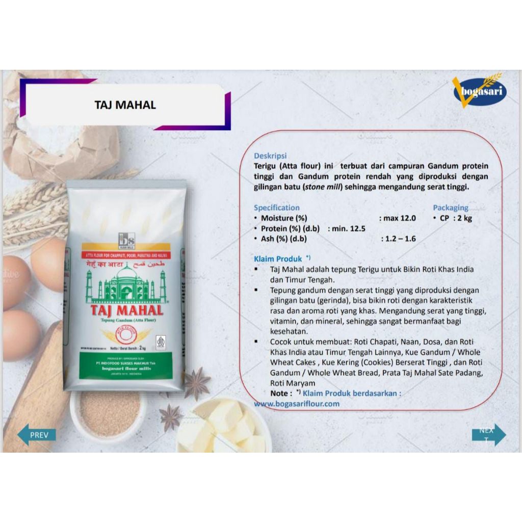 Tepung Gandum Taj Mahal (Atta flavour) || Tepung Taj Mahal Kemasan Asli 2Kg || Bogasari Taj Mahal 2K