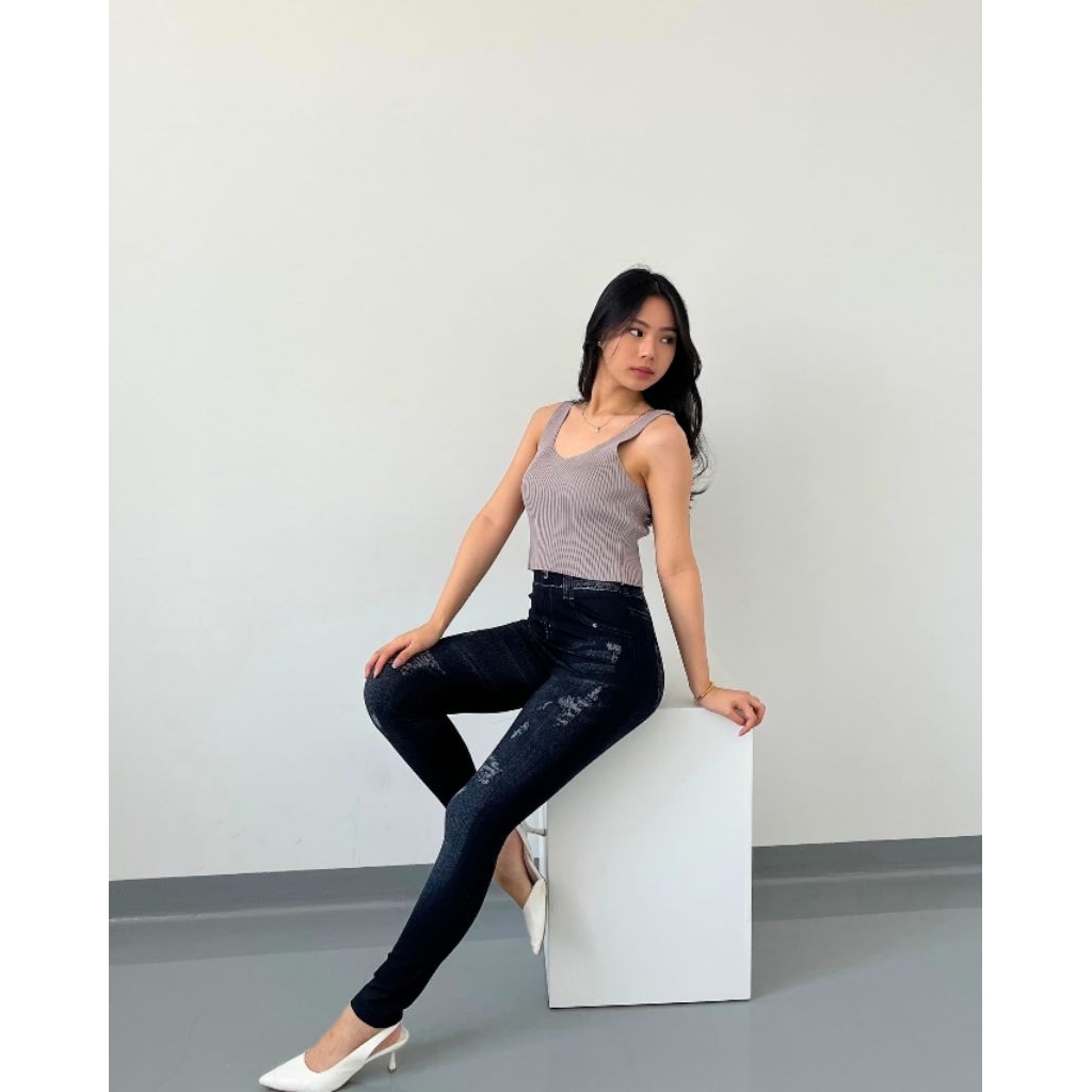 bawahan wanita falon washed print jeans motif sobek legging panjang warna biru sexy #33472/gratis on